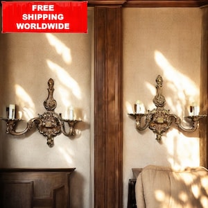 Pair of Rococo Brass Wall Sconces – Ornate Baroque Candle Lights 33x33 cm / 13x13 in
