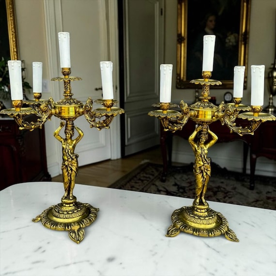 Vintage Bronze Candelabra Lamps Pair, 5-Light Figural Woman Table Lamps, Baroque Rococo Mantel Decor, 20.5"