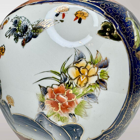 ヴィンテージ手描き陶器花瓶、鳥と花、ゴールドのアクセント