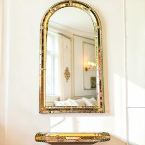 Vintage Mosaic Mirror & Console Set: Ornate Gold Trim, Art Deco Style