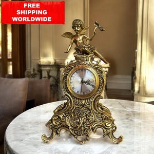 Vintage Rococo Bronze Mantel Clock With Angel Figurine, Gilded