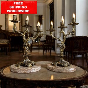 Vintage Baroque Candelabra – Ornate Brass with Floral Scrolls & Marble Base 31x19 cm (Set of 2)