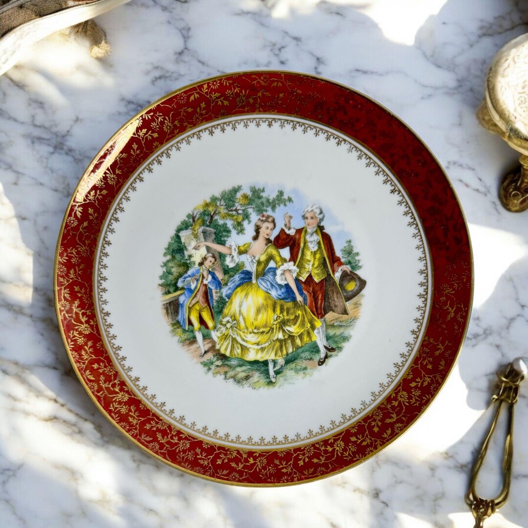 Rococo Ribbon Plate Rococo Porcelain Wall Plate, Romantic Courting Scene, Gold Gilt Rim ...