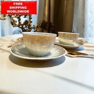 Ensemble de tasses à thé vintage Königszeltner Allemagne - Porcelaine or blanc avec bordure décorée à la main - 2 tasses et soucoupes