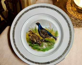 Prato vintage francês de porcelana com faisão: prato para colecionadores de aves selvagens.