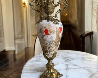 Vintage Equestrian Urn Vase: Brass & Porcelain Fox Hunt Scene