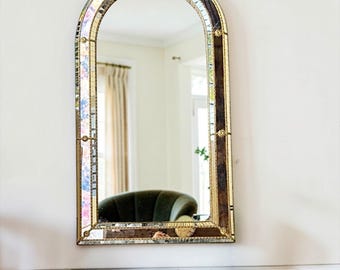 Vintage Iridescent Mosaic Mirror & Console Set: Hollywood Regency Gold Floral Wall Decor