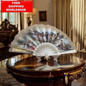 Romantic White Lace Folding Fan with Painted Scene | Vintage Spanish Rococo Fan | Collector’s Gift | Elegant Vanity Decor