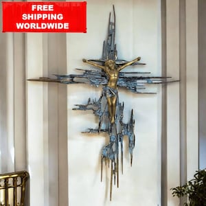 Vintage Bronze Wall Crucifix – Brutalist Mid Century Catholic Cross Jesus Christ Religious Art 52x39 cm