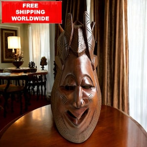 Large Tribal African Mask – 62cm Hand-Carved Wood Wall Art – Ethnic Decorative Mask with Horns – Boho Ethnic Decor