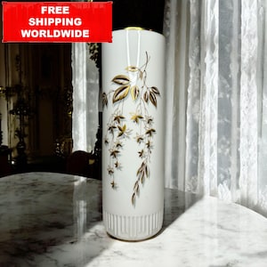 Plankenhammer Bavaria Porcelain Vase – White & Gold Floral Design – Vintage German Cylinder Vase