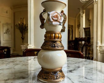 Vintage Rococo Ceramic Vase: 3D Rose & Gold Reliefs, 7.8 inch