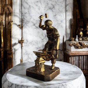 Op de afbeelding: Een bronzen beeld van een smid aan het werk, hamerend op een aambeeld. De figuur draagt een tuniek en houdt een hamer vast. Het beeld staat op een marmeren tafel, wat het vakmanschap en de kunstzinnigheid benadrukt.