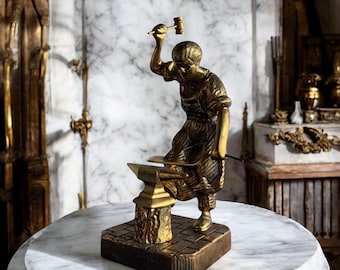 1950 massief bronzen beeldje smid, aambeeld smeedstuk sculptuur, industrieel bureaudecor, accent uit het midden van de eeuw, verzamelcadeau