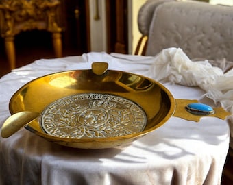 Vintage Brass Ashtray: 1788 Coin Relief, Faux Turquoise Handle
