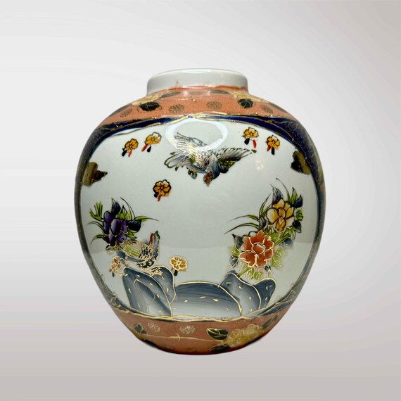 手描き陶器花瓶 花と鳥デザイン ヴィンテージ手描き陶器花瓶 – 花と鳥のデザイン – オレンジ