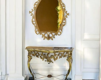 Baroque Console And Mirror Set, Gilded Bronze, Marble Top, Eagle Motif, Rococo Style, Ornate Entryway Decor, Vintage 1950s