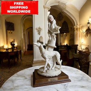 Vintage Art Deco Lady with Borzoi Sculpture - Signed A. Delsi