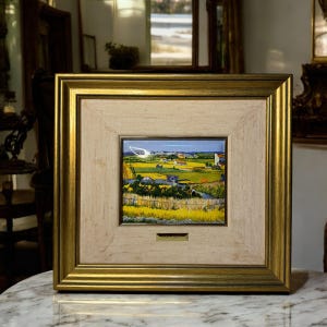 Miniatuur Van Gogh-tegelkunst, landschap van tarweveld, ingelijste keramische tegels, vergulde lijst met plaquette, vintage wanddecor