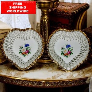 Vintage Heart-Shaped Porcelain Dishes – IRIS Cluj Romania | Gold Trim Trinket Bowls | Floral Lattice Edge Decor | Cottagecore Gift Set