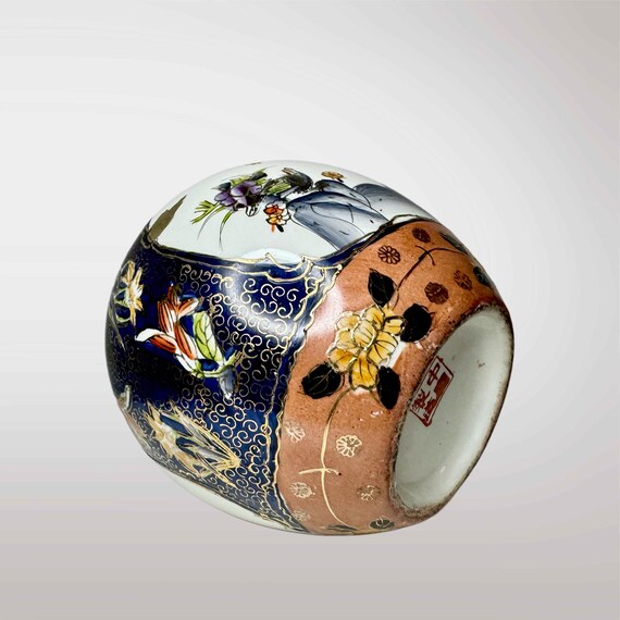 手描き陶器花瓶 花と鳥デザイン ヴィンテージ手描き陶器花瓶 – 花と鳥のデザイン – オレンジ
