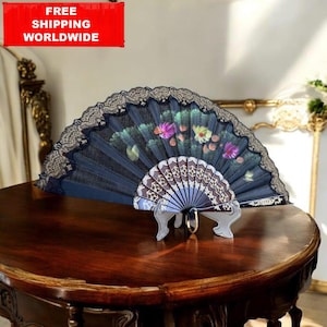 Blue Vintage Hand Fan 45x24 cm – Decorative Lace Fan with Hand-Painted Flowers, Romantic Rococo Wall Decor