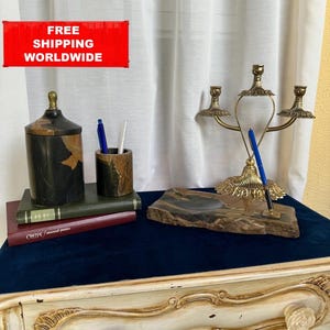 Vintage Office Desk Set – Natural Stone – Rustic Executive Decor