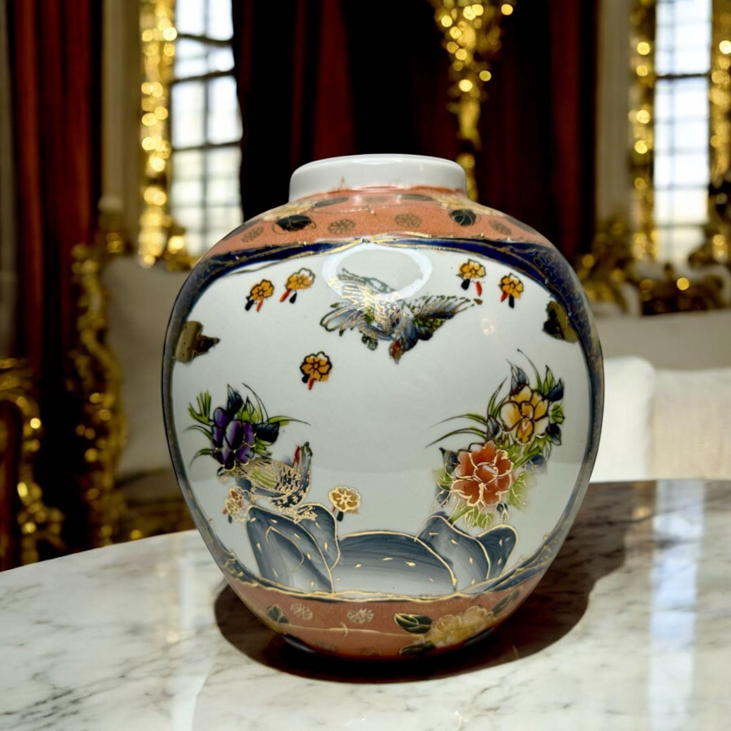 ヴィンテージ手描き陶器花瓶、鳥と花、ゴールドのアクセント
