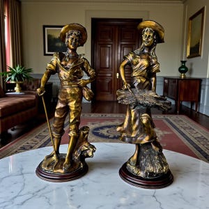 May include: Two bronze sculptures of figures in period clothing. One figure holds a walking stick, the other carries a bundle. Both figures wear hats and stand on round, dark wooden bases. The sculptures are displayed on a marble table.
