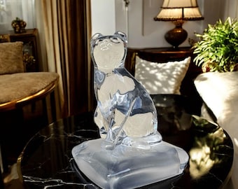 Figura de gato de cristal, escultura de gato de cristal transparente, decoración vintage de animales, pisapapeles felino, adorno de cristal de los años 90
