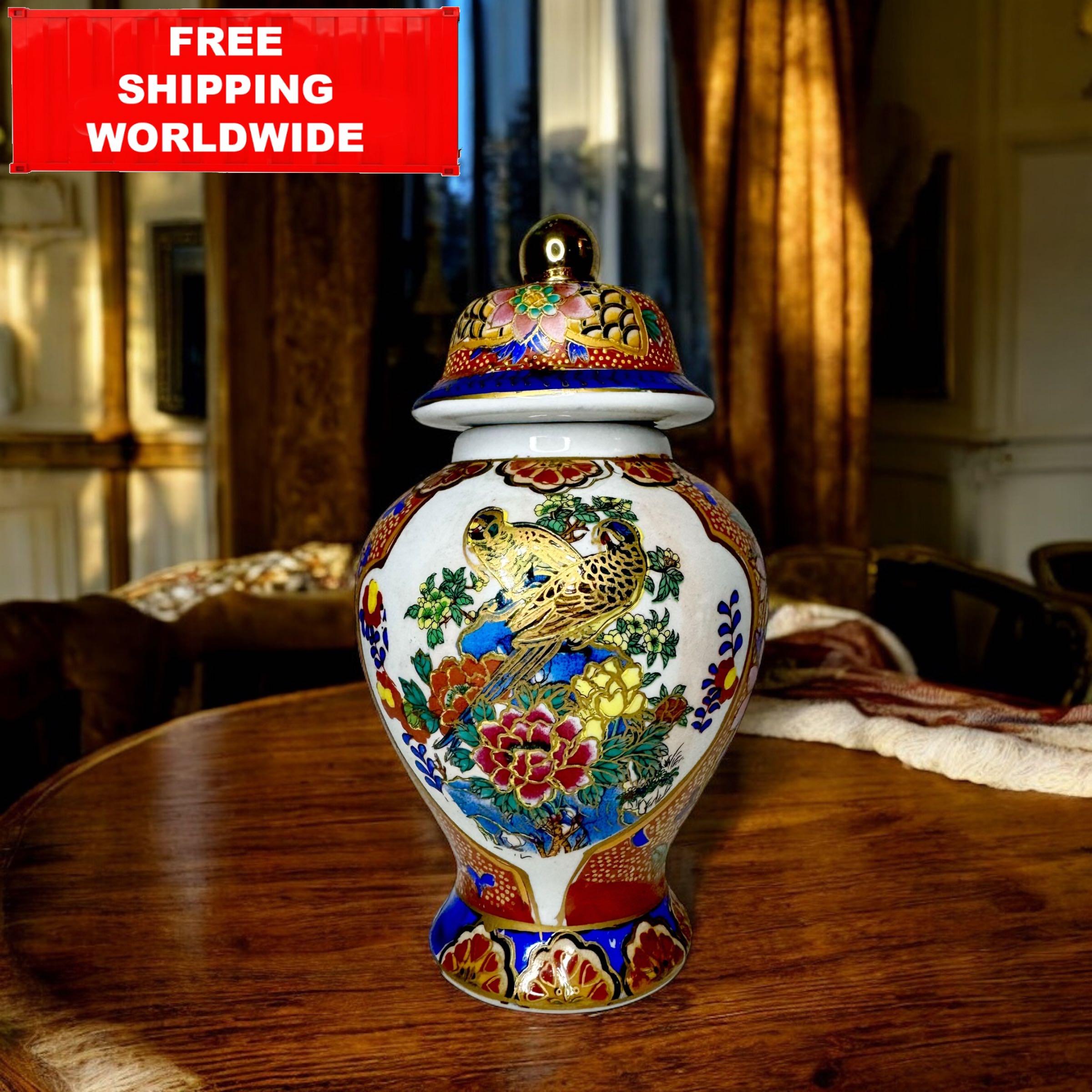 ヴィンテージの蓋付き磁器瓶 - 東洋の花と鳥のデザイン - カラフルな
