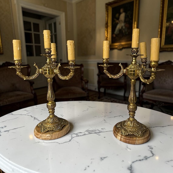 Pair Of Bronze Marble Table Lamps, French Rococo Baroque 4 Light Candelabra Mantel Lamps