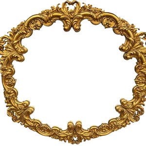 May include: Ornate, oval-shaped gold frame with intricate floral and scrollwork detailing. The frame has a rich, metallic finish and a classic, vintage aesthetic. The design is symmetrical and features a blank center.