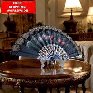 Black Decorative Hand Fan 45x24 cm – Vintage Floral Fan with Gold Lace Trim, Elegant Baroque Wall Decor