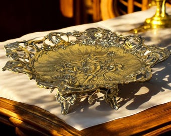 Vintage Gilded Bronze Centerpiece Tray, Baroque Rococo Openwork Embossed 1940s Table Decor