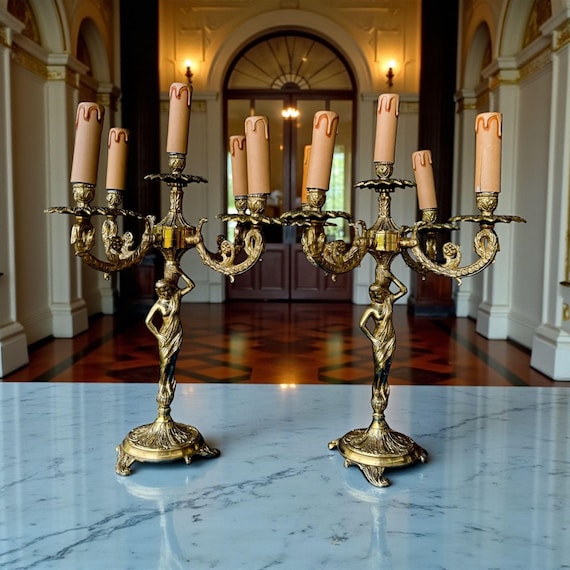 Pair Table Lamps, Bronze Candelabra with Figural Lady Bases, 1970s Rococo Decor