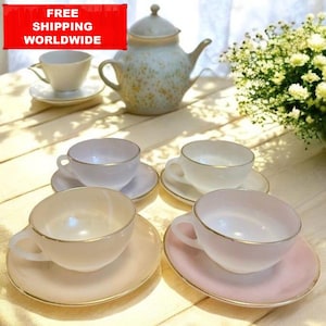 Set of 4 Vintage Arcopal Tea Cups & Saucers – Pastel Opaline Glass with Gold Trim | French Mid-Century Coffee Set