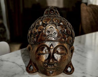 23.5インチの手彫り木製仏像の顔、ヴィンテージ禅壁アートマスク
