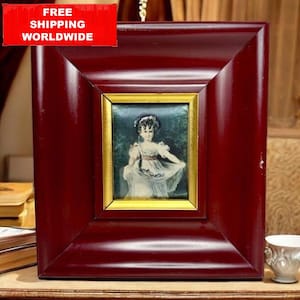 Miniature Portrait on Silk – Framed Vintage Lady in White Dress – 21x20 cm Satin Wall Art