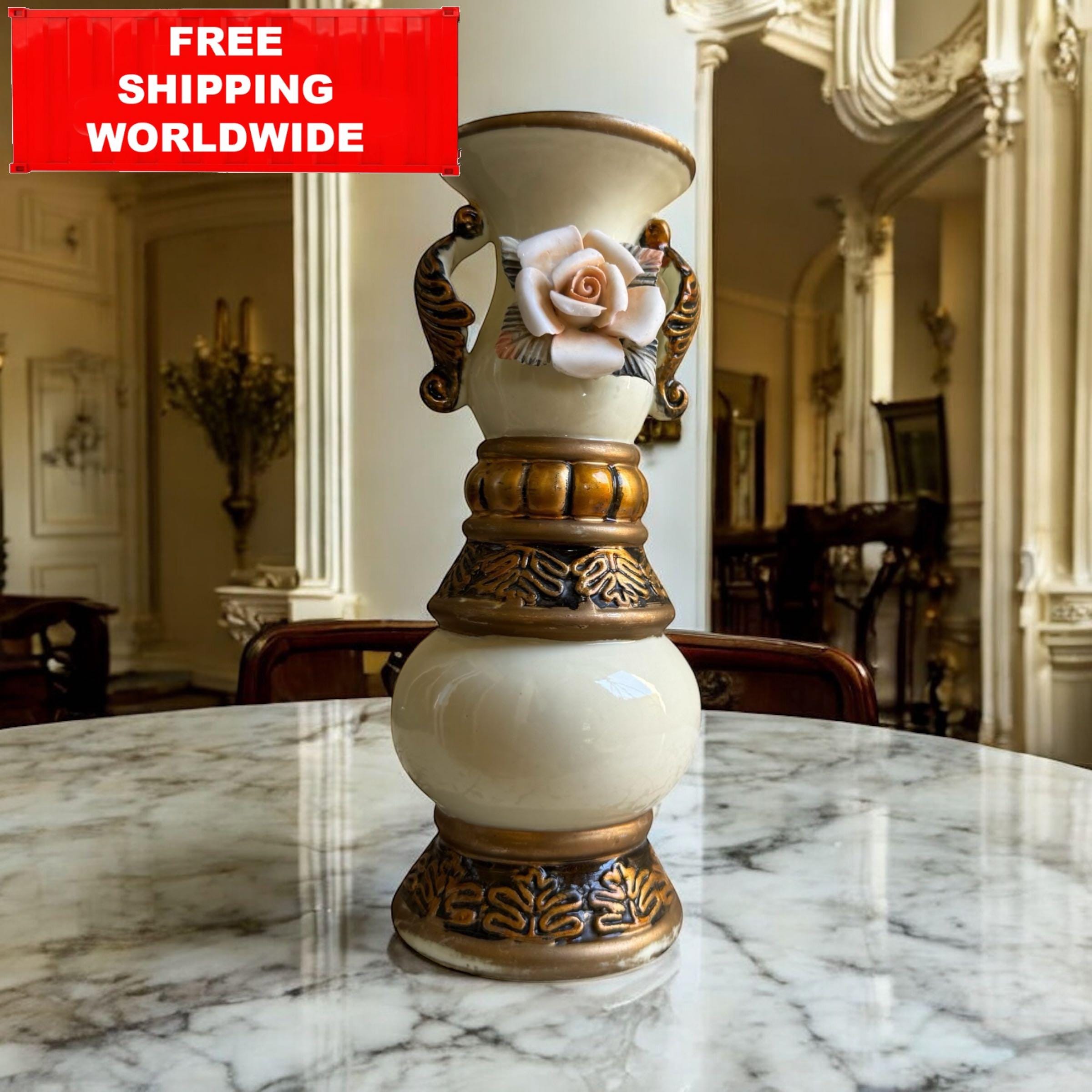 ヴィンテージ ロココ セラミック花瓶：3D ローズ＆ゴールド レリーフ