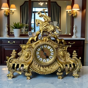 May include: Ornate gold-colored mantel clock featuring a rider on horseback with dogs, atop a clock face with Roman numerals. The clock has decorative scrollwork and is set on a marble surface. The clock is a decorative home decor item.