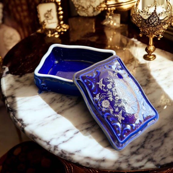 ヴィンテージ コバルトブルー 磁器製 小物入れ シルバー フローラル 蓋 