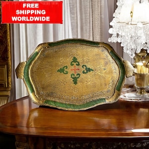 Vintage Italian Florentine Tray – Green & Gold Gilt, Ornate Hand Painted Wood 59x38 cm / 23.2x15 inch