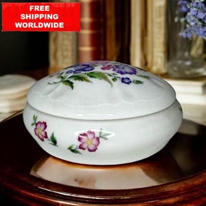 Vintage Porcelain Trinket Box with Lid – Floral Jewelry Box – Shabby Chic Powder Jar