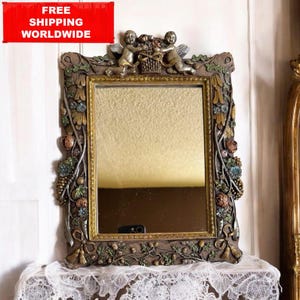 Baroque Cherub Mirror | Vintage Rococo Wall Decor 31x24cm | Ornate Vanity Mirror | Romantic Home Accent | Collectible Antique Style