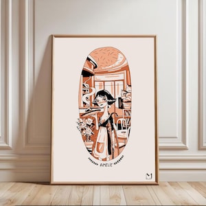 Amélie Inspired Digital Art Print, French Café Wall Art, Parisian Girl Illustration, Printable Wall Art, French Wall Art, Cozy Wall Art