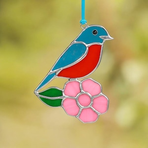 Bluebird Stained Glass Suncatcher – Handmade Window Hanging | Bird on Flower Design | Father&#39;s Day Gift, Custom Window Art, Home Decor