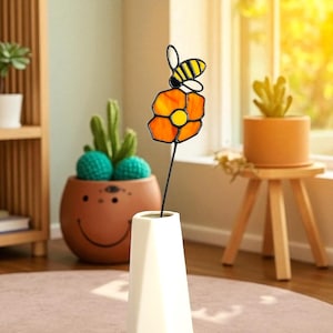 California Poppy Stained Glass with Bee – Handmade Eternal Flower, Unique Glass Gift