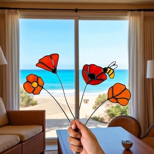Stained Glass California Poppy with Bee: Handmade Eternal Bloom
