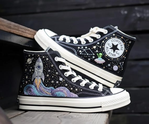 Galaxy Embroidered Converse Shoes, Space Rocket UFO Sneakers